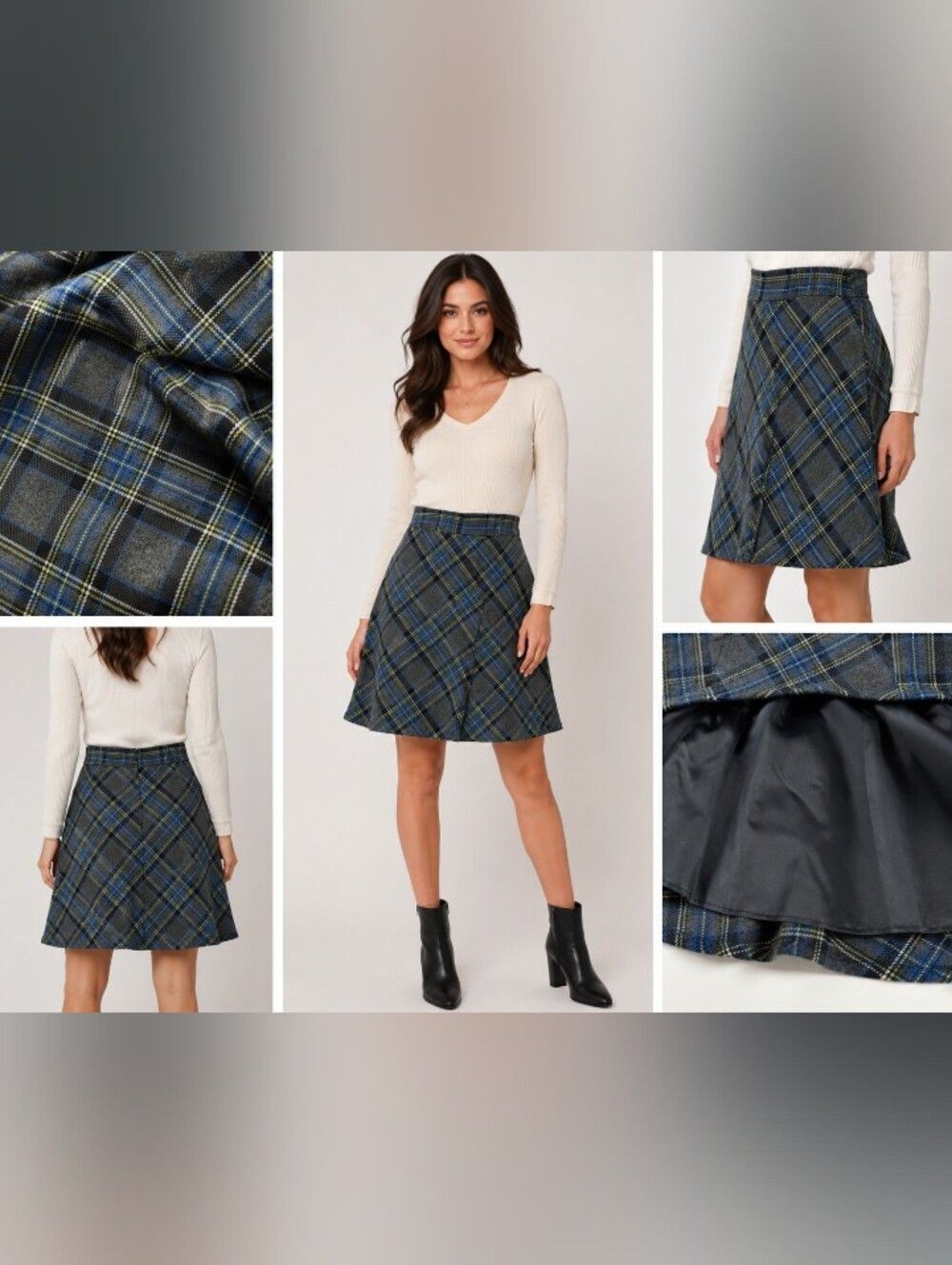 Cato Plaid A-Line Skater Skirt Size 14 Blue Gray Green Lined Preppy - Picture 1 of 7